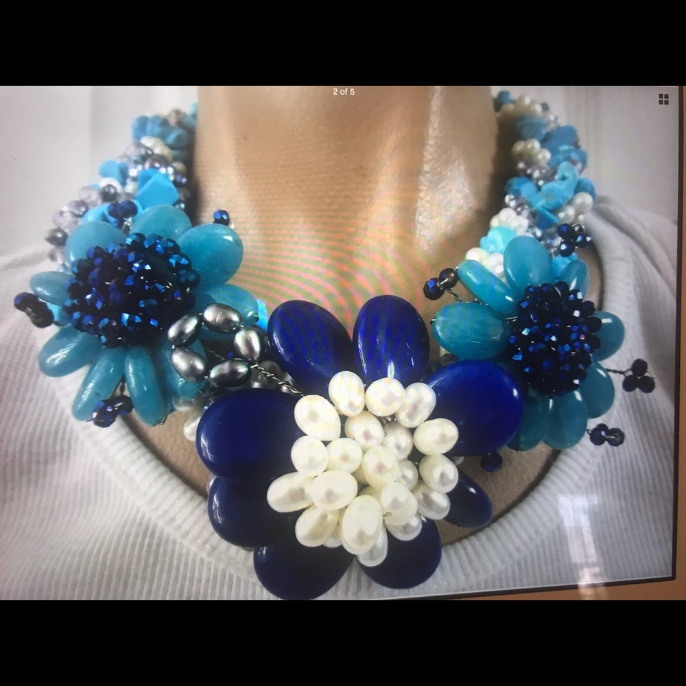 GENUINE TURQUOISE PEARL LAPIS BLUE JADE NECKLACE.